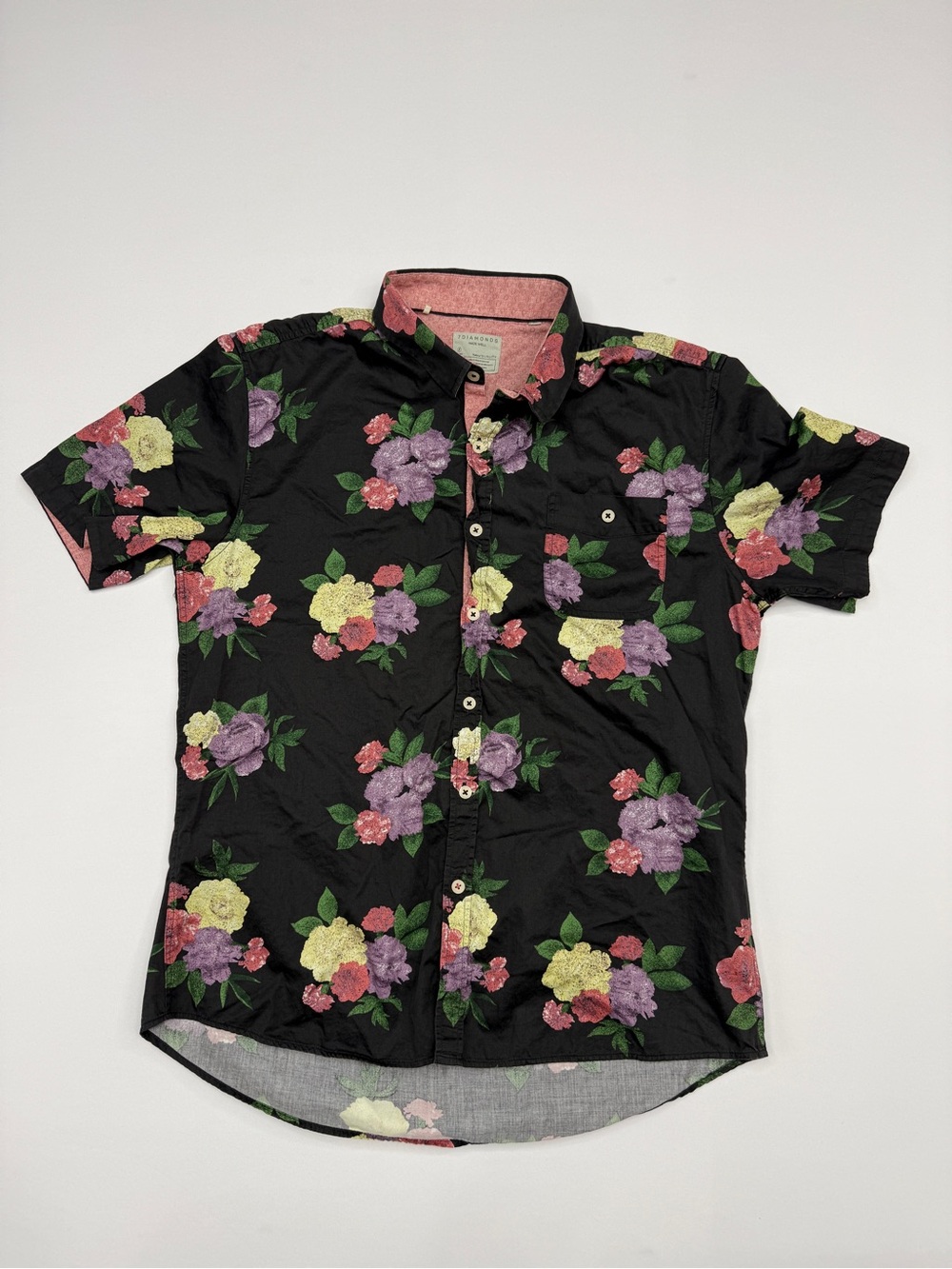 7 Diamonds Wallflower Black Floral Short Sleeve Button Down Shirt 100% Cotton